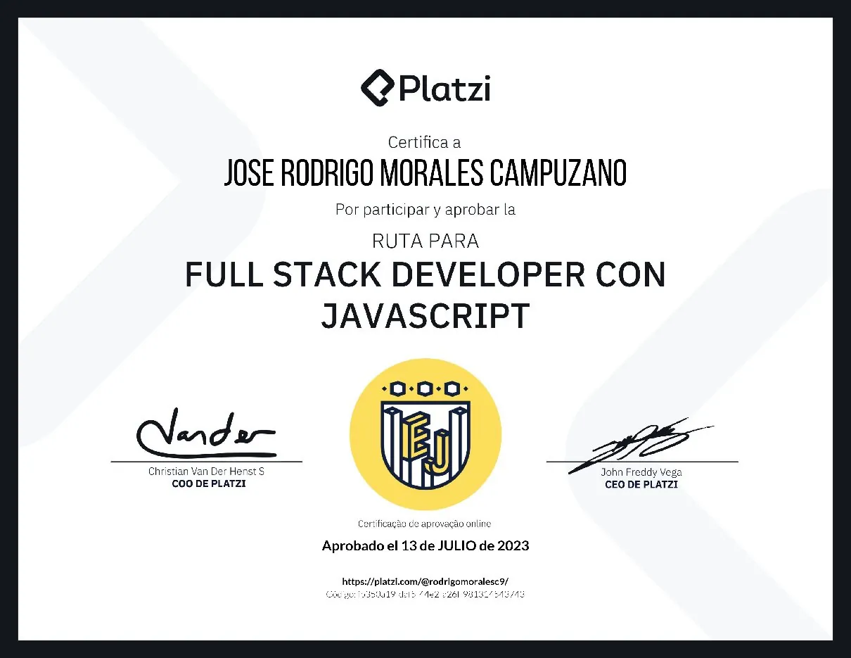 Vista de la credencial JavaScript FullStack