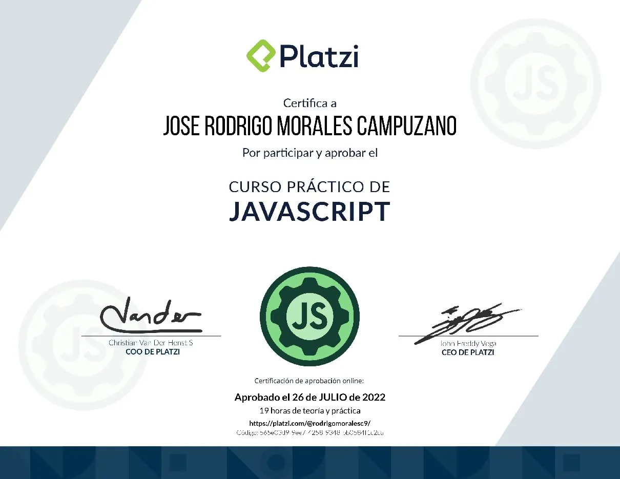 Vista de la credencial JavaScript práctico