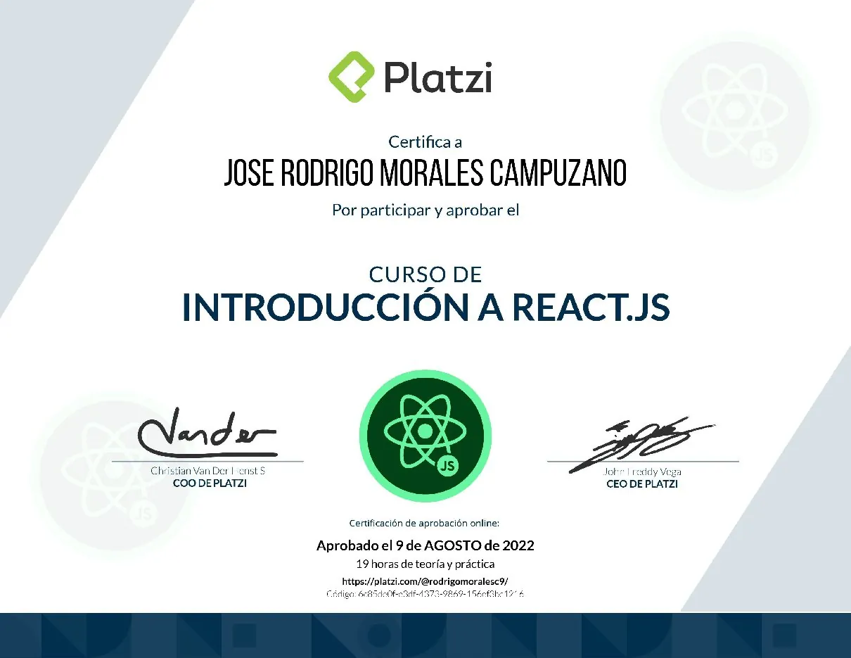 Vista de la credencial React.js 17