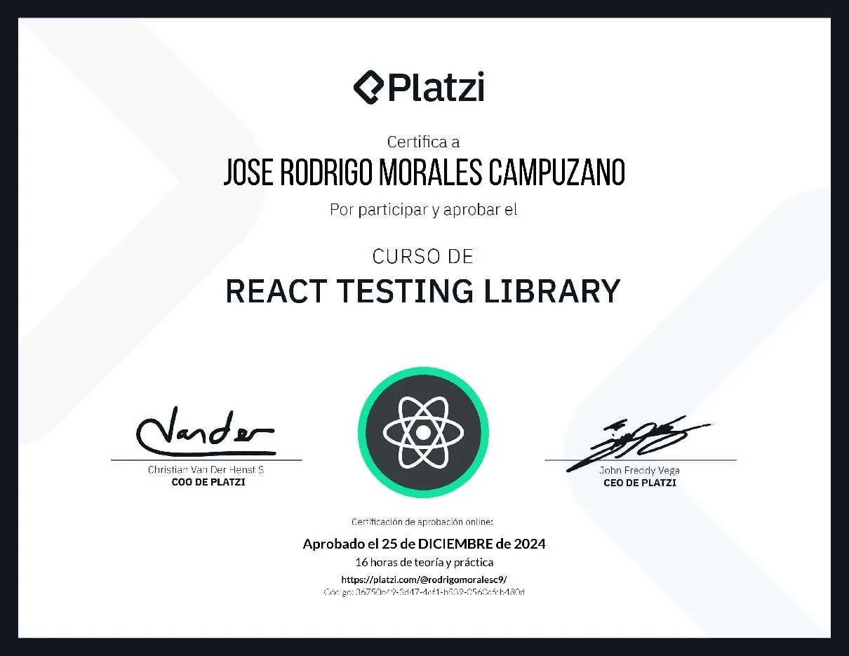 Vista de la credencial React Testing Library