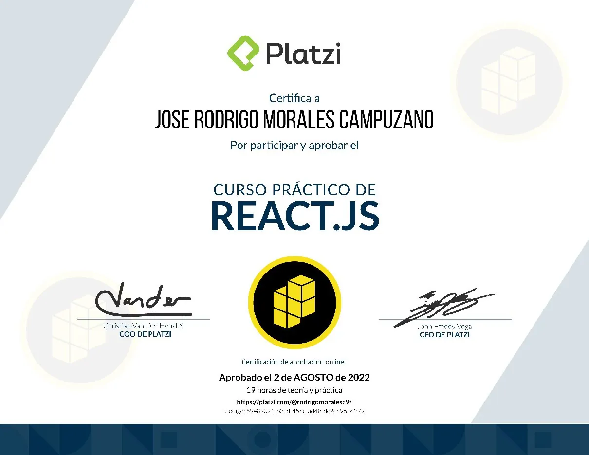 Vista de la credencial React, Webpack y Sass